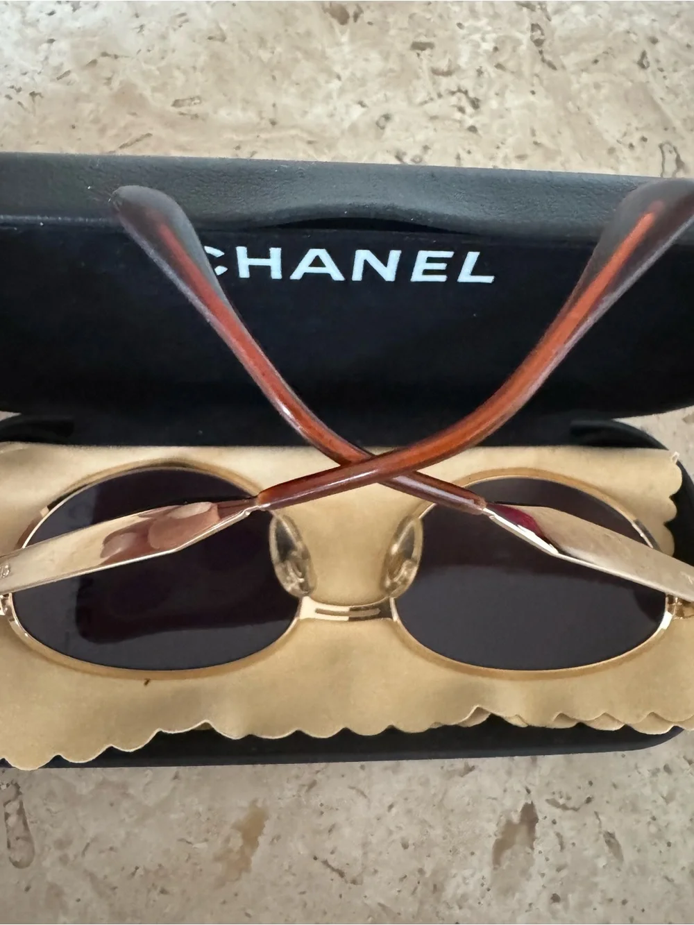 CHANEL Vintage Gold Frame Oval Smoke Lens Sunglasses
